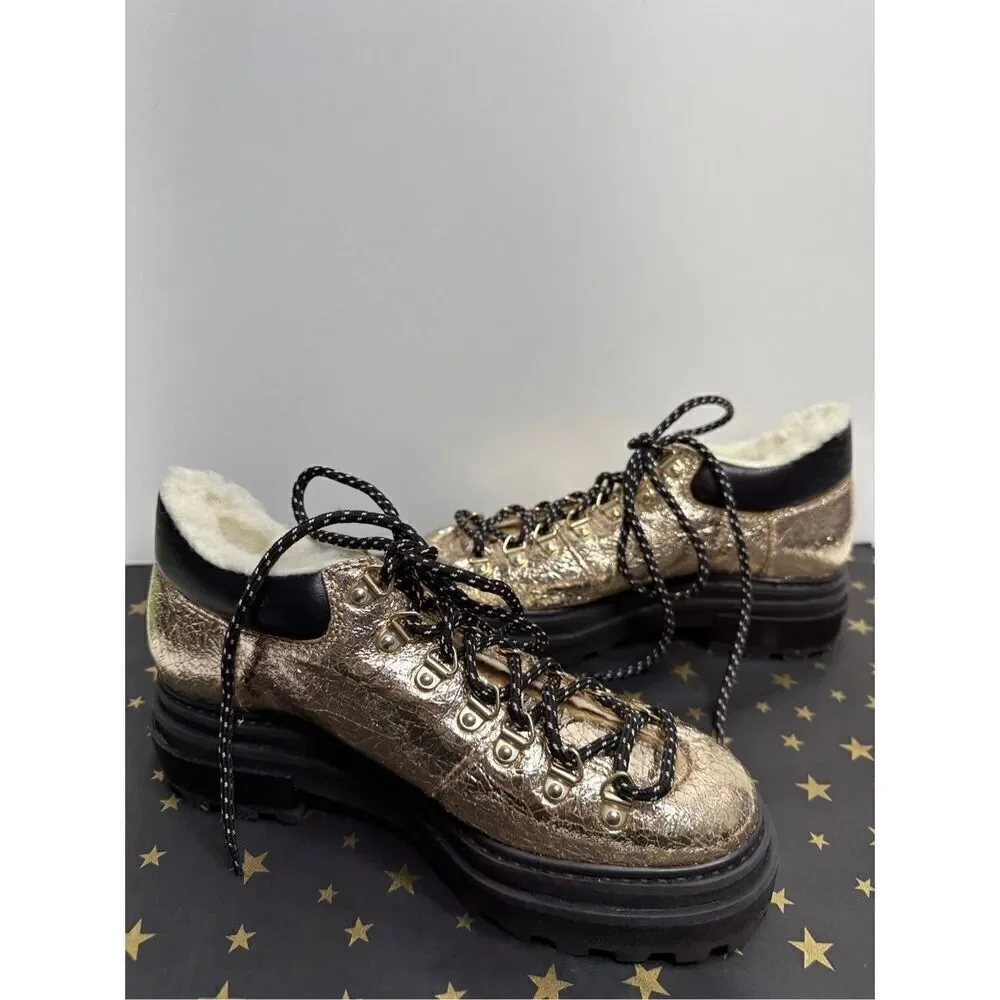 SCHUTZ Shoes Womens Size 5B Boots Shearling Lace Up Hiker Booties Gold‎ Leather